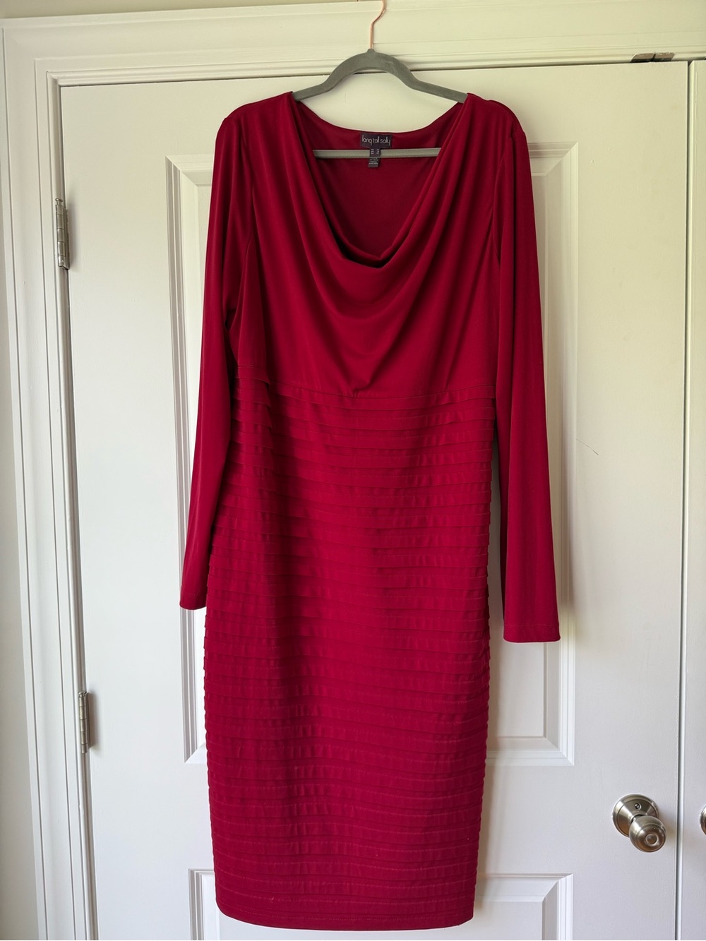 Long Tall Sally Deep Red Long-Sleeve Cowl Neck Sheath Dress, Size 18